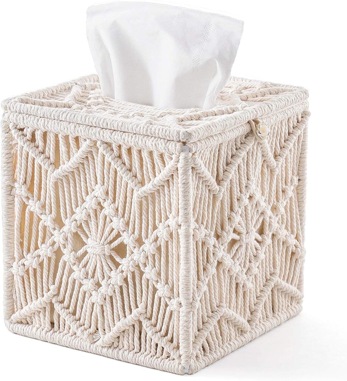 Tissue Box Cover Boho Decor Square Tissues Holder with Bead Buckle (Ivory)
